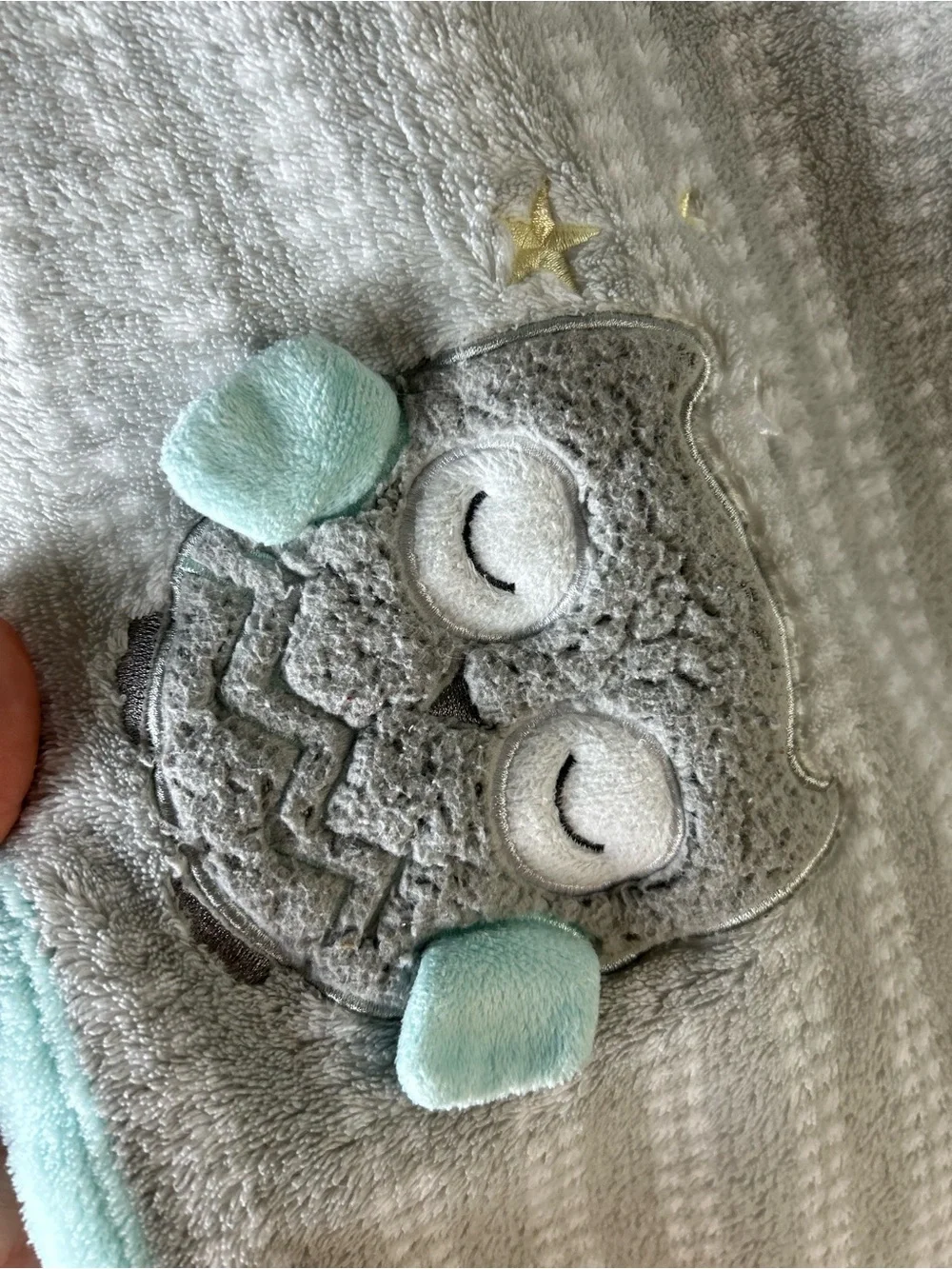 Parent's Choice Gray Sleeping Owl Baby Blanket Aqua Blue White Stripes Stars